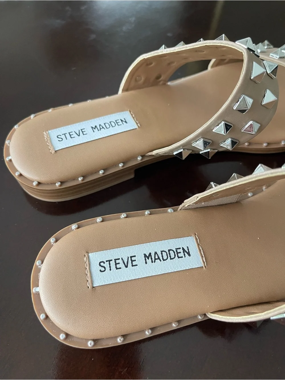 Steve Madden Tan Studded Double-Strap Slide Sandals